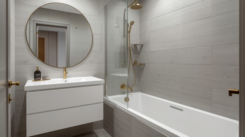 Small bathroom featuring a floating corner vanity for space-saving design.