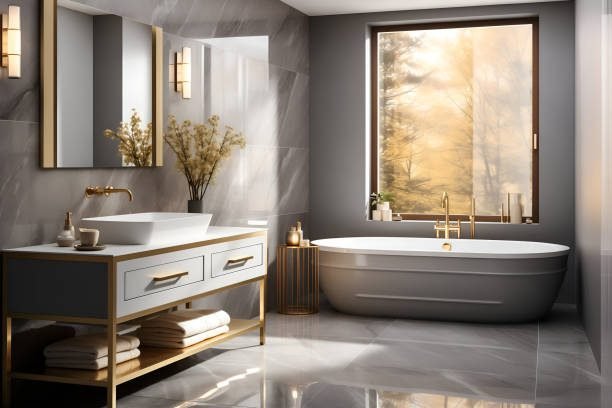 Small bathroom with monochromatic design in light beige tones.