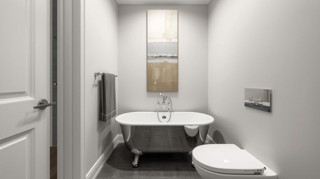 Small bathroom with vertical art pieces adding height and elegance.