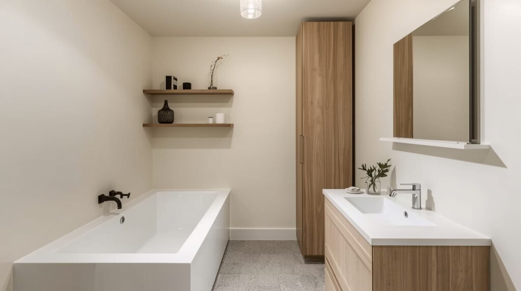 Small bathroom with floating shelves and built-in cabinet storage.