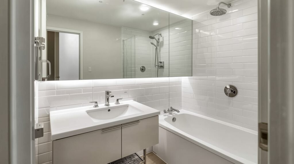 Compact bathroom with a full-length wall mirror creating the illusion of a larger space.
