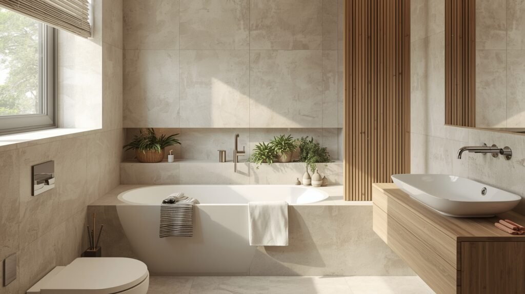 Small modern bathroom with bathtub shower combo, light wood textures, beige tiles, and natural elements creating a warm and spacious feel.