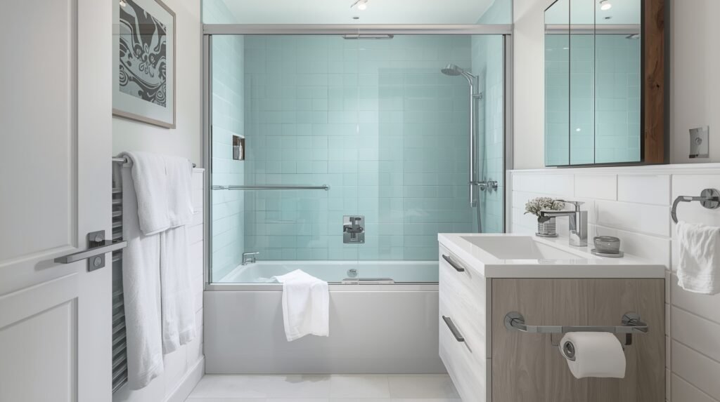 Small bathroom with a clear glass shower enclosure instead of curtains for a spacious look.