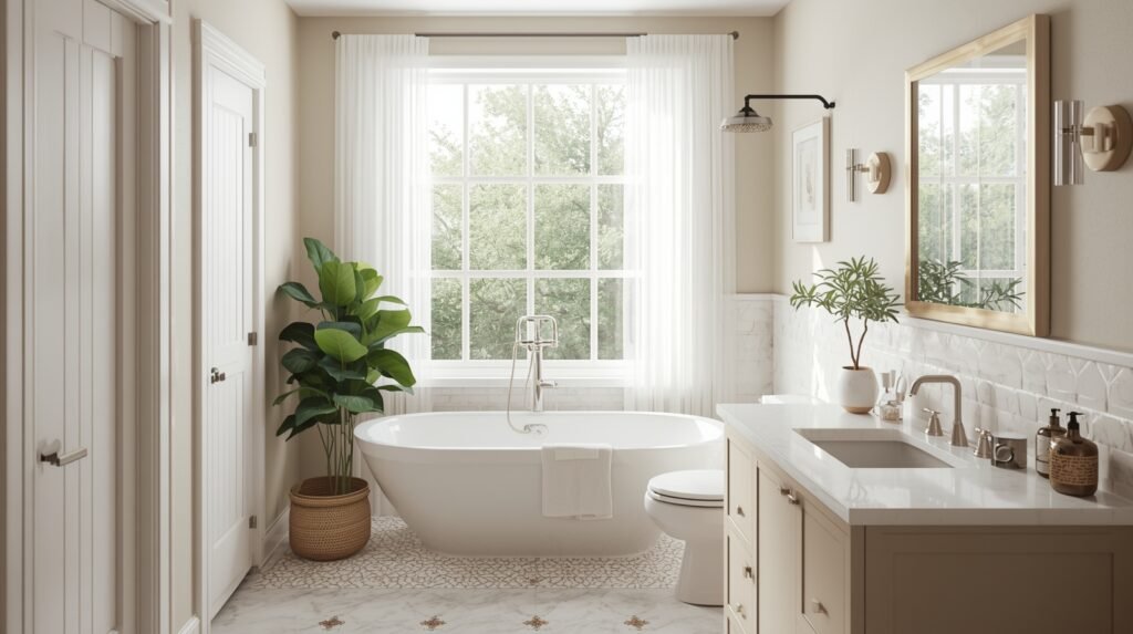 Small bathroom with light color palette and vintage-modern mix.