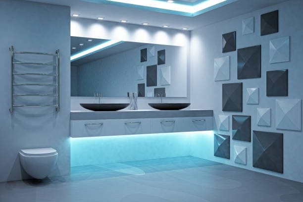 Small bathroom with layered smart lighting including LED mirrors.