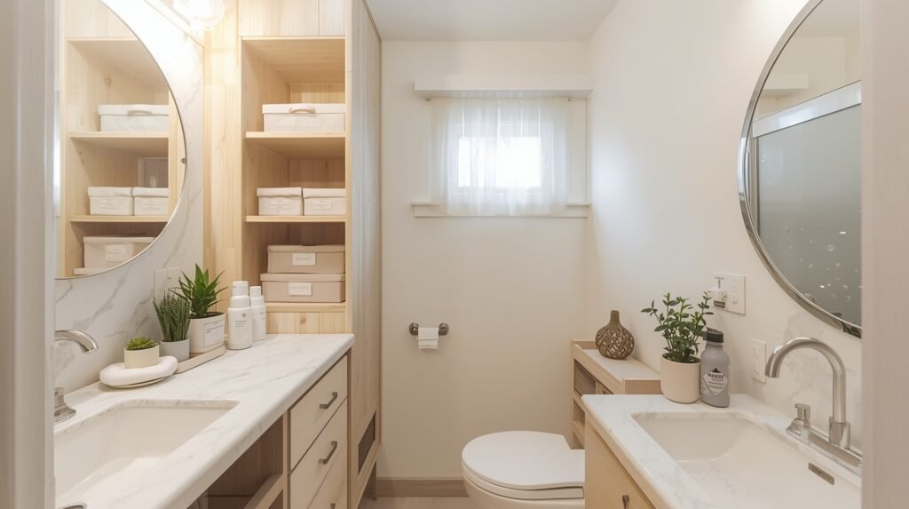 Organized small bathroom with minimal decor and efficient storage.