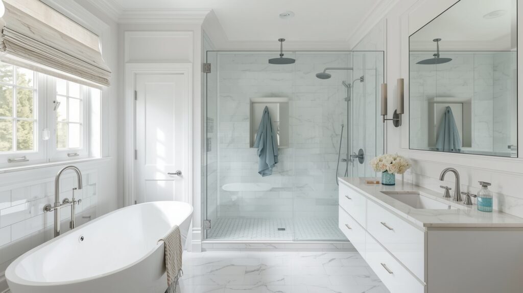 Compact all-white bathroom with bathtub shower combo, white marble tiles, off-white shades, and soft lighting for a clean airy look.