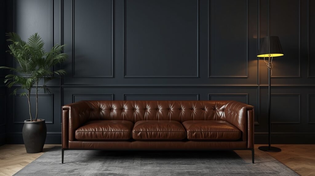 Dark shades showing what colour goes with brown leather sofa in a dramatic style.