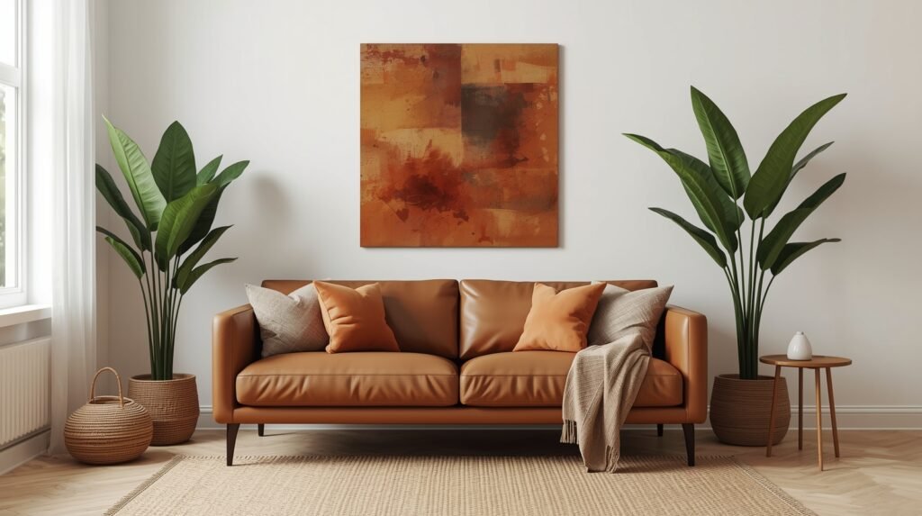 Earthy tones showing what colour goes with brown leather sofa for a grounded natural style.
