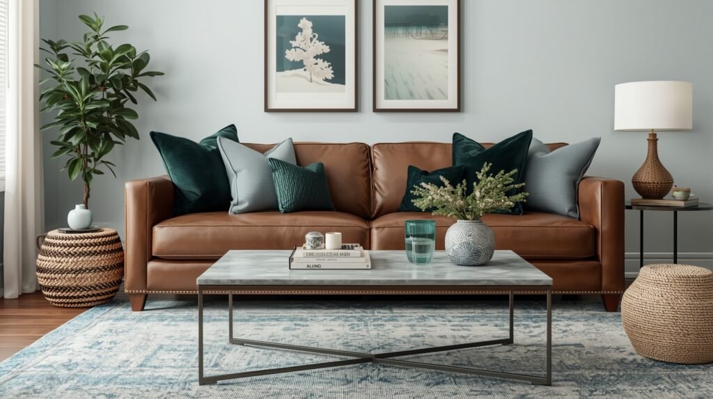 Green and blue tones showing what colour goes with brown leather sofa for a calm look.
