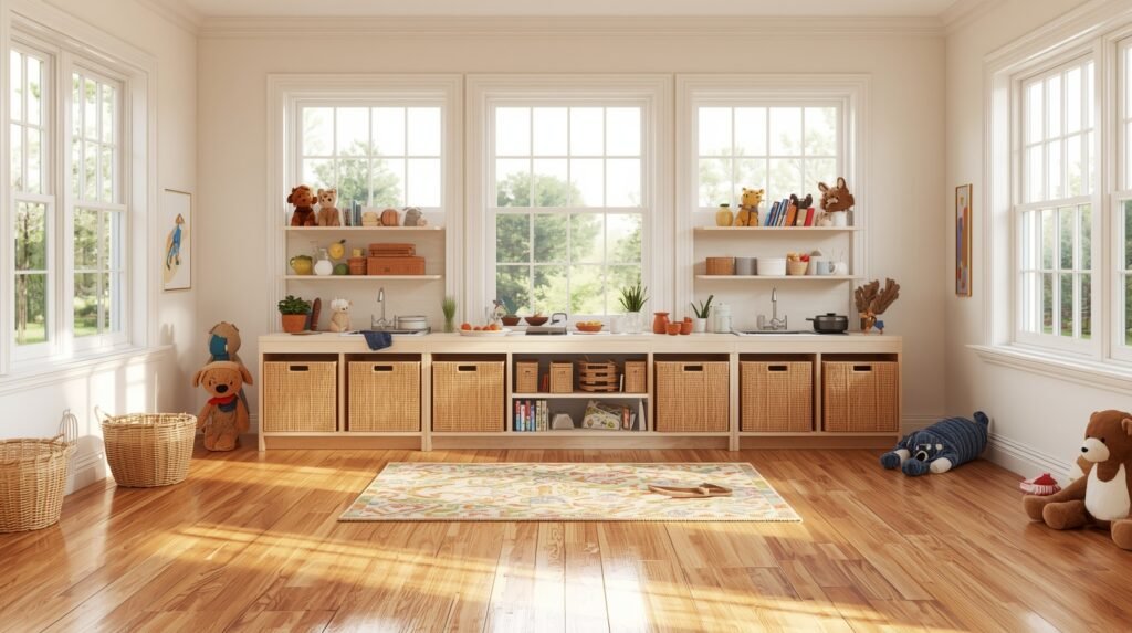 Organized setup of large play kitchen for 10 year old at home.