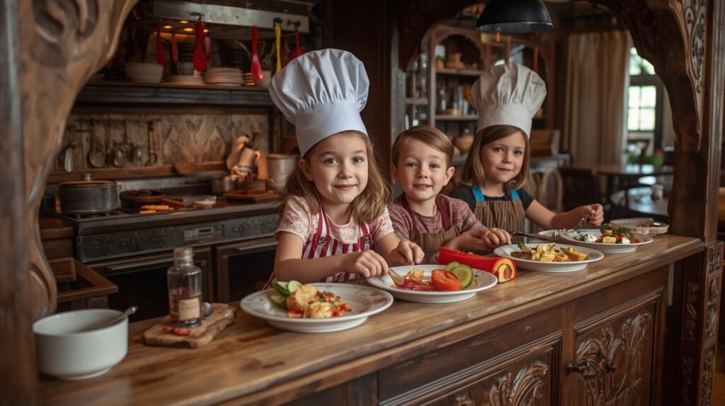 Interactive role-play in a large play kitchen for 10 year old kids.