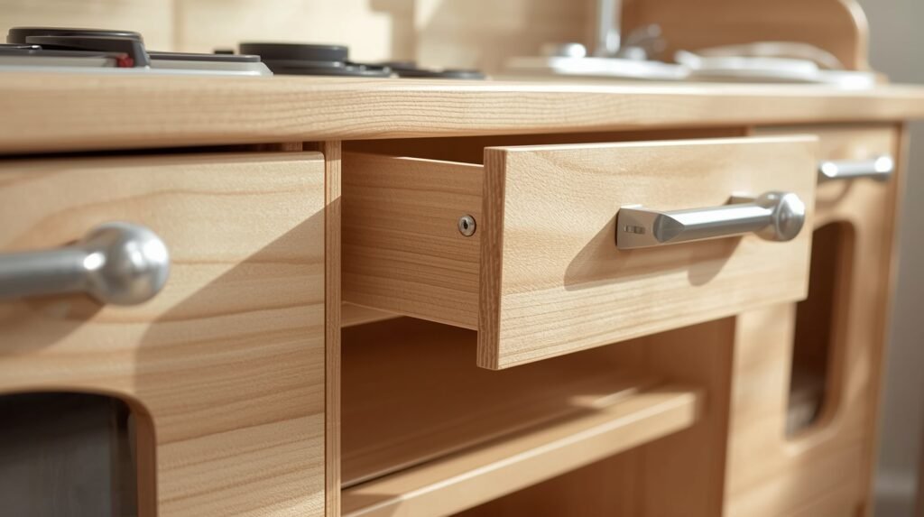 Realistic features in a large play kitchen for 10 year old kids.