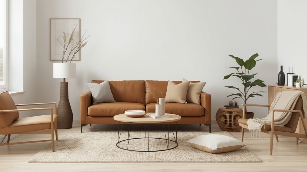 A neutral palette showing what colour goes with brown leather sofa for a calm and balanced space.