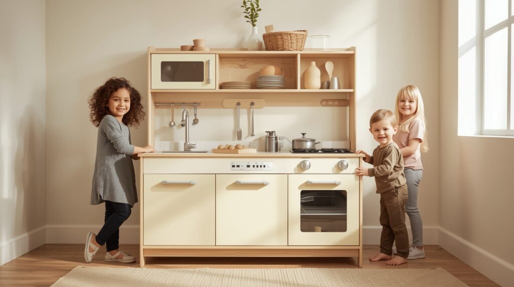 Roomy large play kitchen for 10 year old kids supporting group play.
