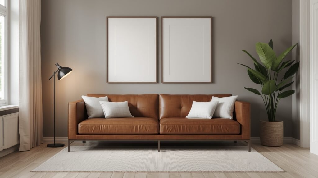 A taupe gray living room with a brown leather sofa, greenery, and a neutral palette showing what colour goes with brown leather sofa.