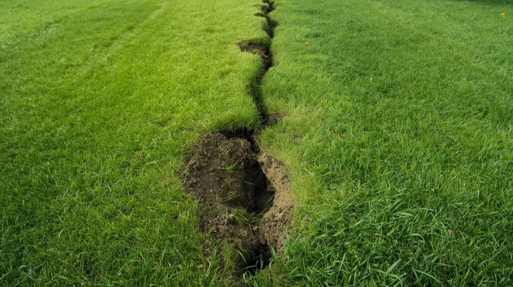 Differences in lawn vole vs mole damage shown on a grassy yard with runways and soil mounds