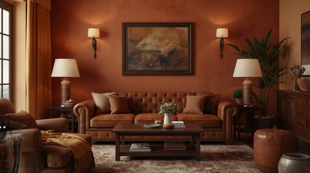 Warm hues showing what colour goes with brown leather sofa for a cozy interior.