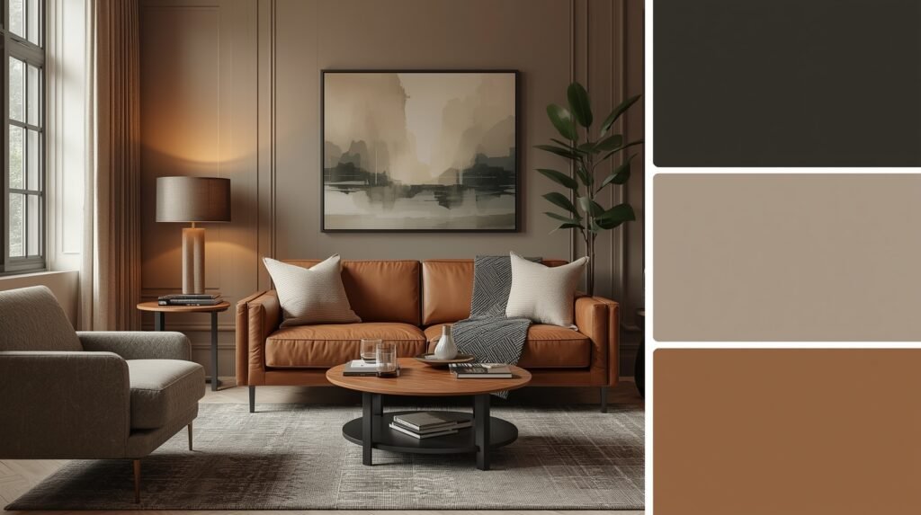 A modern living room showing what colour goes with brown leather sofa using a balanced and harmonious palette.