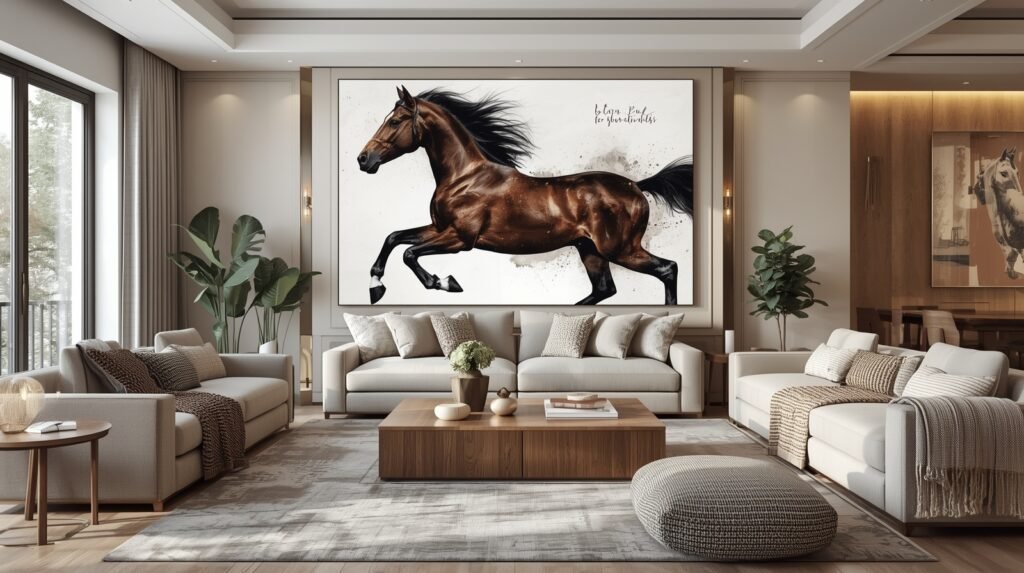 Large modern living room featuring a dramatic horse wall art above a central sofa, surrounded by neutral furniture, wood accents, and indoor plants.