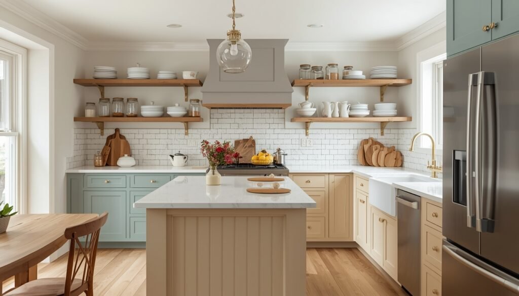 Vintage-style kitchen with pastel cabinets, open shelves, and modern appliances in a bright, cozy space.