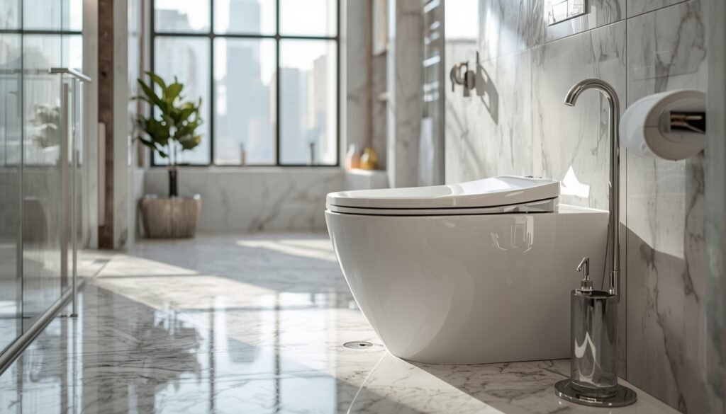 "Luxury bathroom with a white porcelain toilet showing water leaking from the bottom, highlighting causes, fixes, and prevention tips."