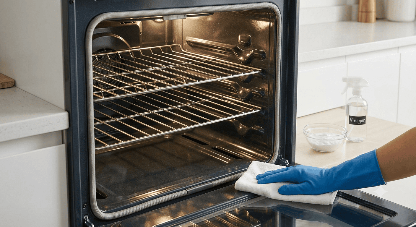 A close-up view showing the first step in how to clean an oven, applying a baking soda paste to greasy interior walls.