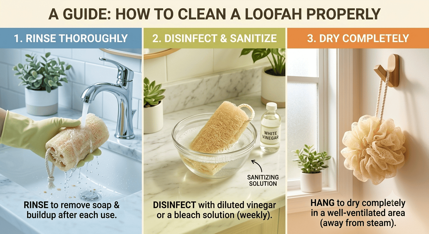 How to clean a loofah by rinsing, disinfecting, and drying it completely after use.