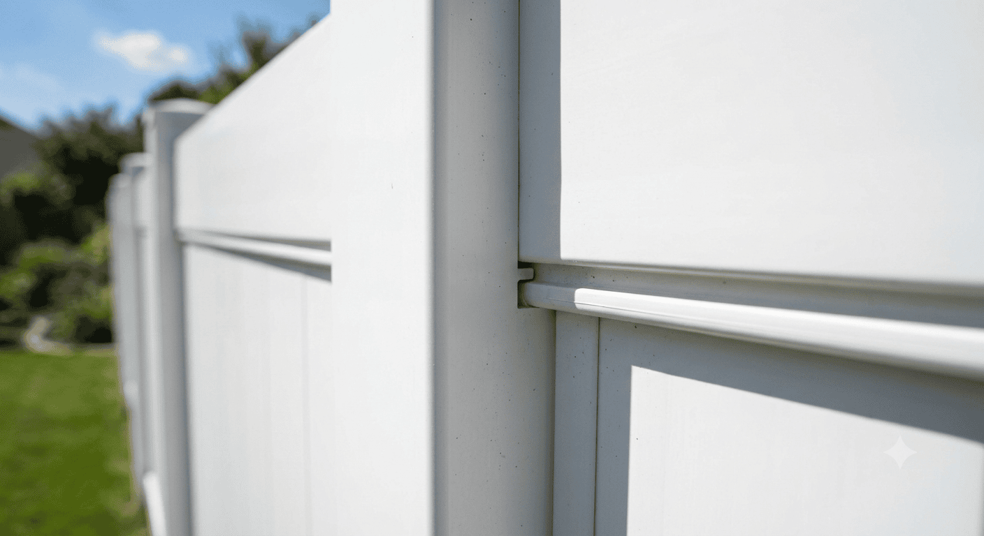Modern white vinyl privacy fence installed along a clean, green lawn in a suburban backyard.